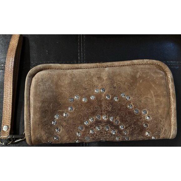 Brown Platania Genuine Leather Wristlet Wallet Studded Made In Italy Light Brown - Picture 2 of 8